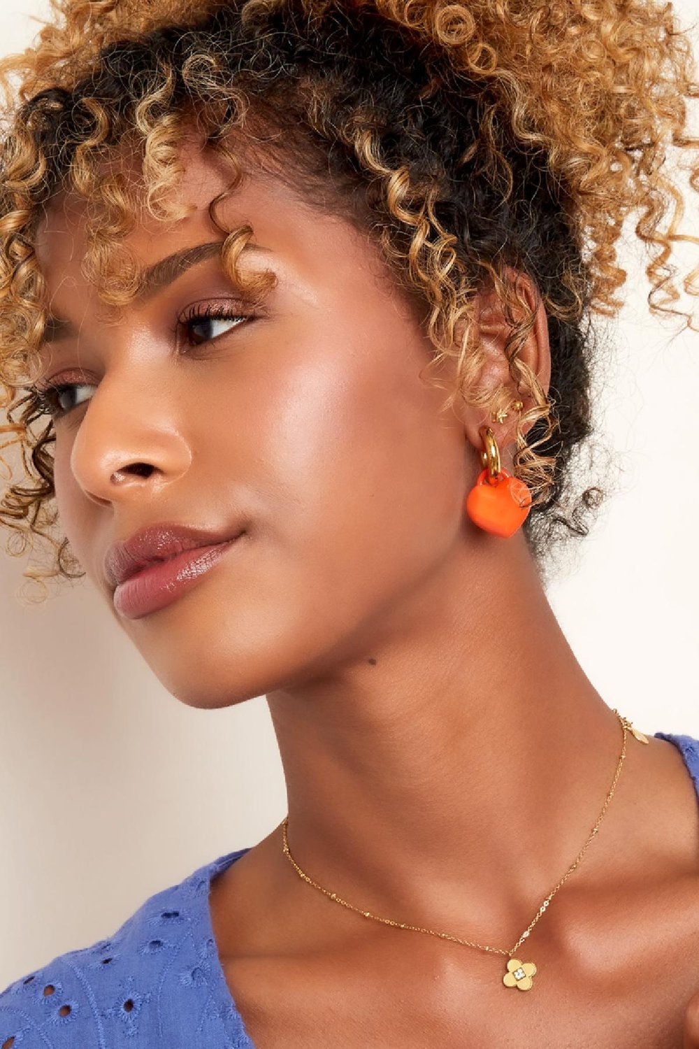 Earrings with abstract shaped heart charm Orange & Gold Color Stainless Steel h5Picture3